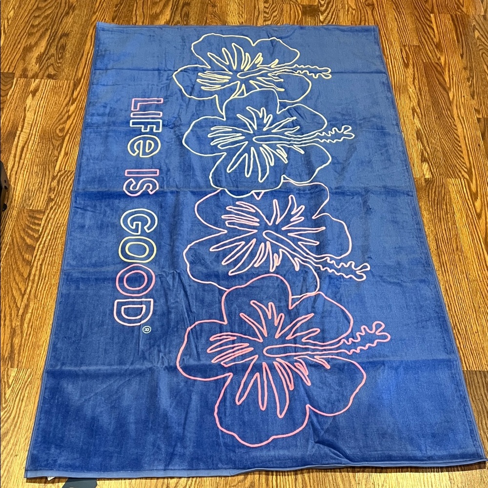 Life Is Good Blue Towel with Pink Floral Design